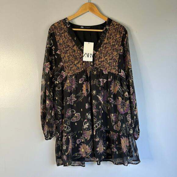 NWT Zara Chiffon Dark Floral Tiered Women’s Medium Black Long Sleeves Whimsical - Picture 3 of 9